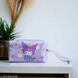 The image features a purple pouch with a Sanrio character, decorated with various patterns. It is adorned with a zip closure and has multiple pockets for storage. This cosmetic bag would be suitable for organizing toiletries or makeup items, particularly within a travel or grooming context