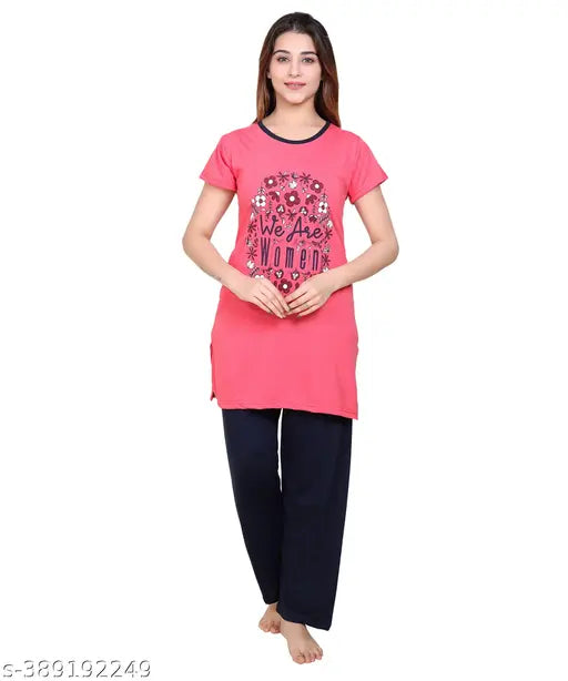 Printed polyester nightsuit set for lounge, gym, and housewear, featuring short sleeves and a printed net pattern. Indian-made summer wear night suit, size options: L, XL, XXL, XXXL, 4XL