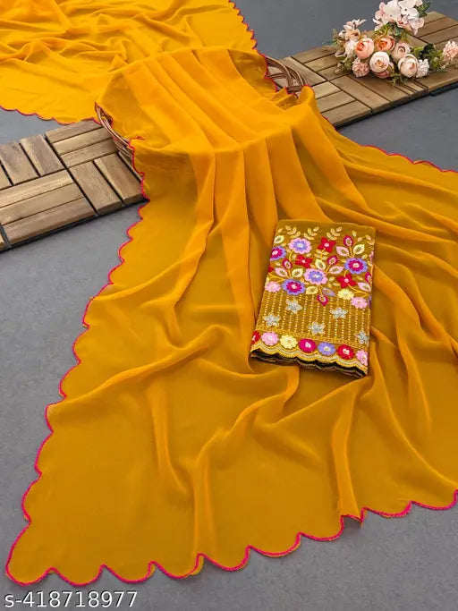 The image shows a woman displaying a vibrant yellow saree with intricate paisley designs, laying out on the floor