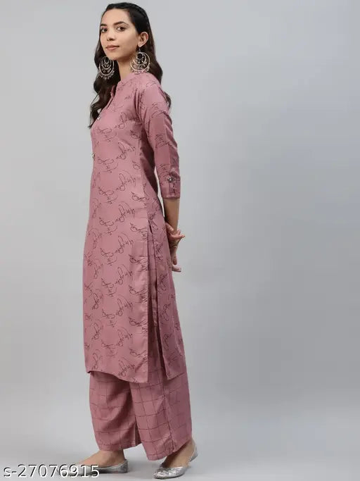 Pink rayon women's kurta set, printed calf-length palazzos, stylish & comfortable Indian attire