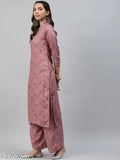 Pink rayon women's kurta set, printed calf-length palazzos, stylish & comfortable Indian attire