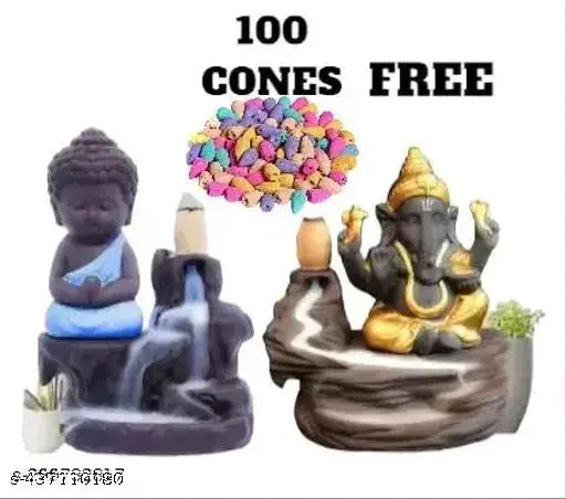 Resin Buddha-Ganesha combo with 100 cones free, Indian-made god idols for spiritual decor, windless place setup on incense burner