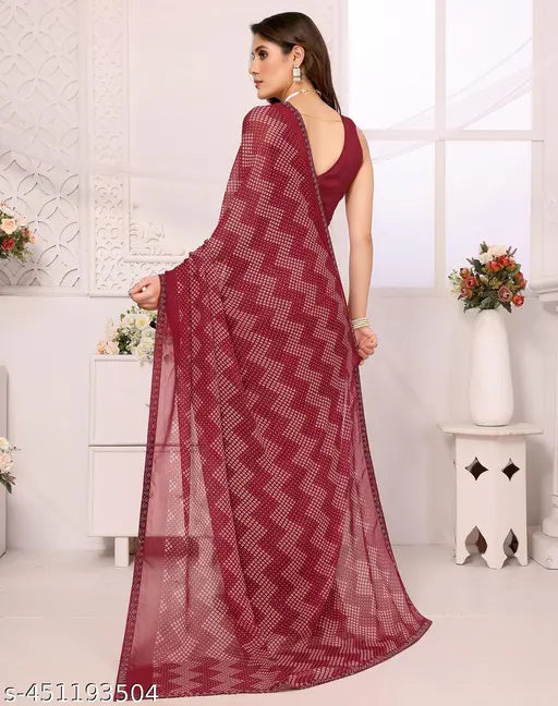 Georgette lace saree with unstitched blouse material - Indian women's fashion for festive events and parties