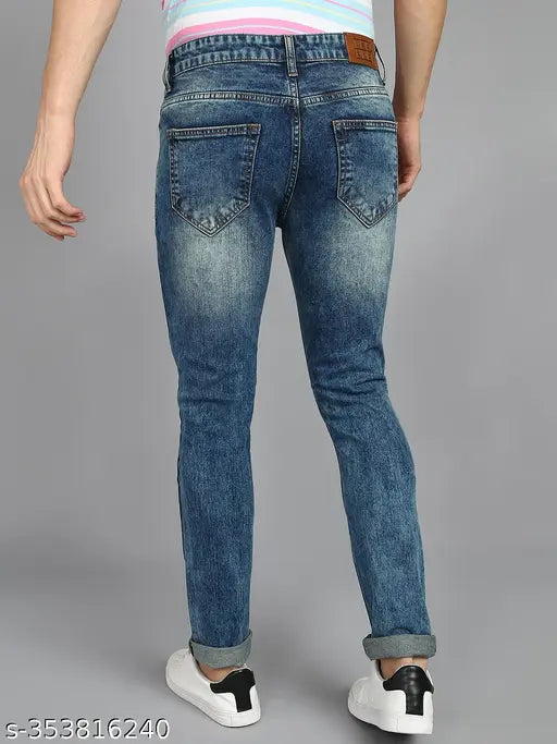 Dyed men's denim jeans, light blue, distressed wash, zip fly