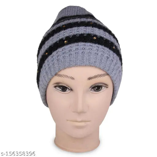 Grey/Black striped woolen beanie cap, perfect for men & women this winter, made by Neska Moda (India)