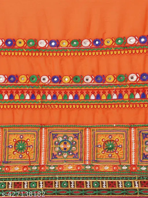 Women's saree with embroidery and bandhani print, featuring a vibrant color palette of red, yellow, blue, green and orange