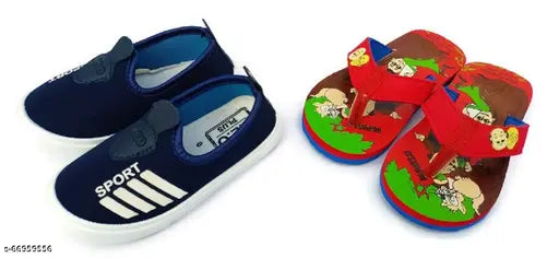 Blue and red sports shoes with white soles, black laces, and matching slippers