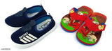 Blue and red sports shoes with white soles, black laces, and matching slippers