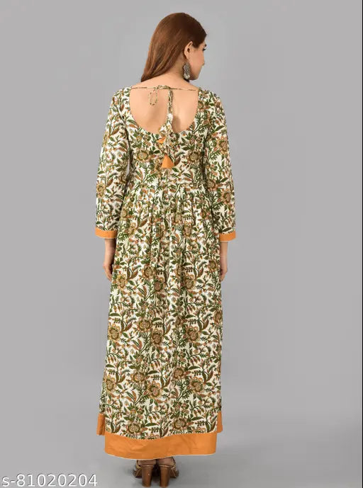 Green cotton A-Line kurti, three-quarter sleeves, printed combo for women. Single sizes: S (36in bust), M (38in bust), L (40in bust), XL (42in bust). Indian made