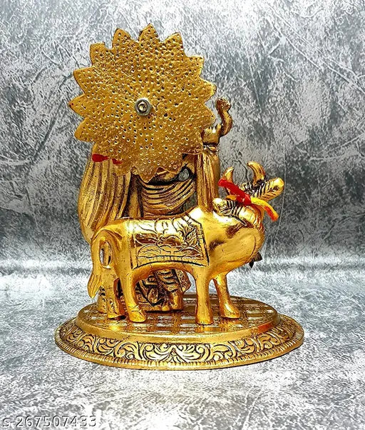 Metal Radha Krishna Cow figurine with flute, Indian temple decoration, 14cm x 11cm x 16.5cm