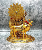 Metal Radha Krishna Cow figurine with flute, Indian temple decoration, 14cm x 11cm x 16.5cm