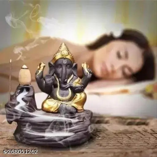 Vinhi Ganesh Smoke Backflow Incense Holder with 10 cones. Gold-toned incense holder with Ganesha statue. Ideal decorative showpiece