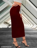 Elastic waist, pencil bodycon skirt, midi length, high-waisted style, side slit below knee