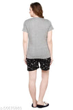 Grey and black galaxy print cotton women's nightsuit set with shorts, short sleeves, India origin