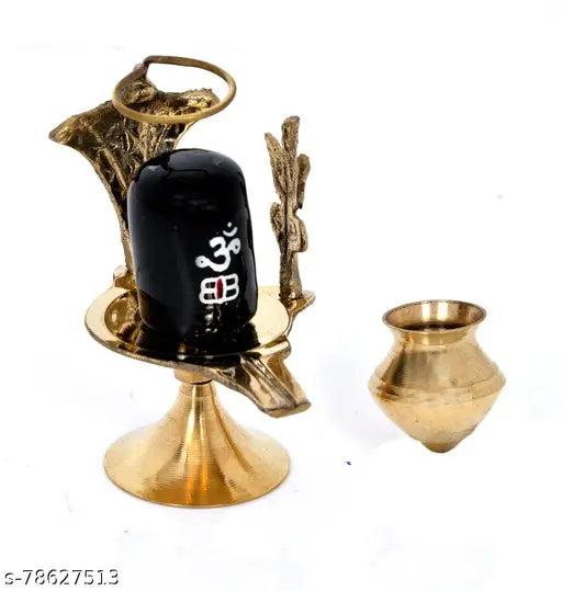 Brass Shivling Stand with Abhishek Lota, gold-toned traditional Hindu puja set for Shivling abhishekam, handcrafted in India (10cm x 8cm x 12cm)