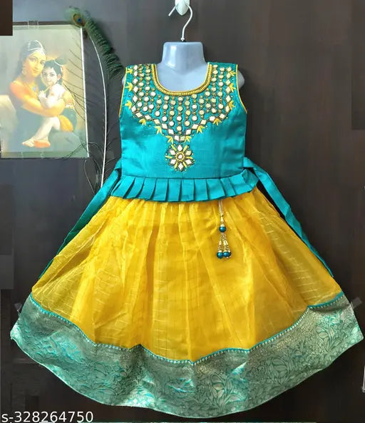 Kids designer embroidered mirror work organza silk long gown with zari border, 3 layered for little princesses. Silk, satin, and crepe cotton lining. Perfect for festivals and parties. Made in India