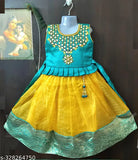 Kids designer silk organza long gown with mirror work embroidery, full length and zari border for 3-4 year olds, crafted in India