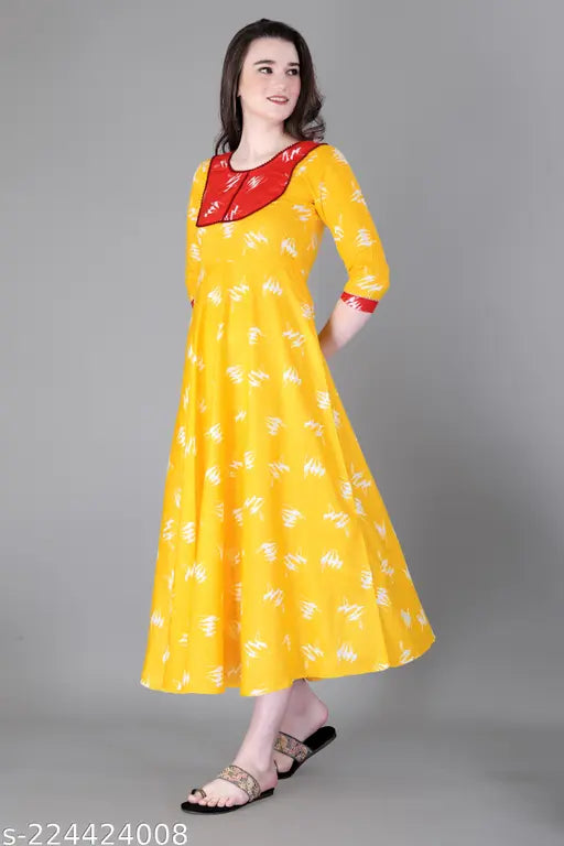Rayon kameez with long flared design and pompom sleeves in mustard color