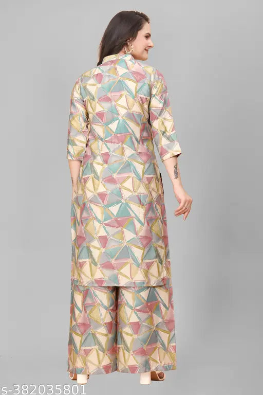 Indian Miller kora muslin kurta with palazzos, three-quarter sleeves, printed net design, comfortable and stylish