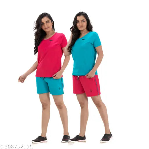 Cotton blended short tops set (2 pack), soft stretchable, breathable, women's casual wear for cycling, gym, yoga, daily wear, and special occasions. Colors may vary due to camera settings. Made in India