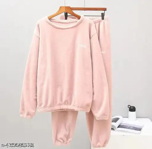 Pink woolen womens nightsuit classic plain with long sleeves and printed net detail, size S (32-26-28-36), made in India