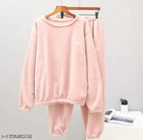 Pink woolen womens nightsuit classic plain with long sleeves and printed net detail, size S (32-26-28-36), made in India