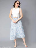 Sky blue georgette pleated skirt with floral print and elastic waist, perfect for women's fashion. Made in India
