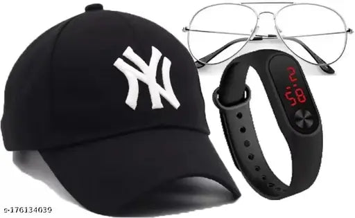 Cotton baseball cap with adjustable solid design and LED band, clear aviator sunglasses for men and boys - Indian embroidered net pattern