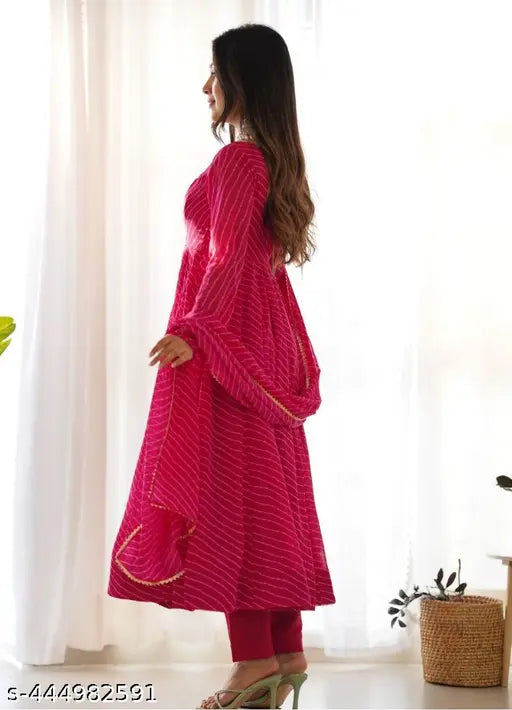 Diwali Designer Pink Leheriya Gown (Georgette, Embroidered Net, Long Sleeves) - Indian Lehenga style dress with matching dupatta, various sizes available