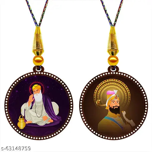 High-quality wooden Guru Gobind Singh & Guru Nanak Dev Ji car hanging combo (Set of 2), ideal for car interior and gifting purposes, proudly made in India