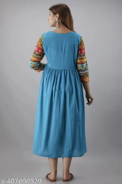 Blue rayon three-quarter sleeve Anarkali kurti, solid pattern for summer wear, India origin