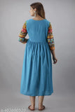 Blue rayon three-quarter sleeve Anarkali kurti, solid pattern for summer wear, India origin