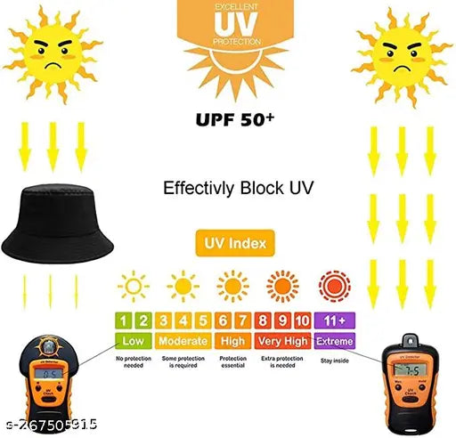 This is an image of a UV protective block displaying effectiveness at UPF 50+. It features an outdoor scene with sun icons, UV radiation symbols, and temperature indicators. There's also a caption showcasing its protection range from extreme low temperatures to very high temperatures, emphasizing adaptability in various weather conditions. The product is recommended for daily use, particularly outdoors