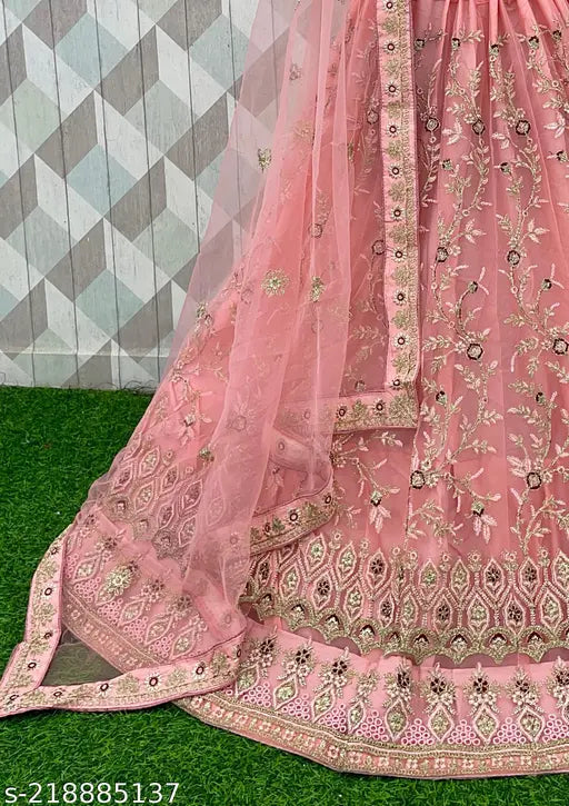 Embroidered pink net lehenga choli set with semi-stitched dupatta, heavy net fabric, ideal for parties and weddings