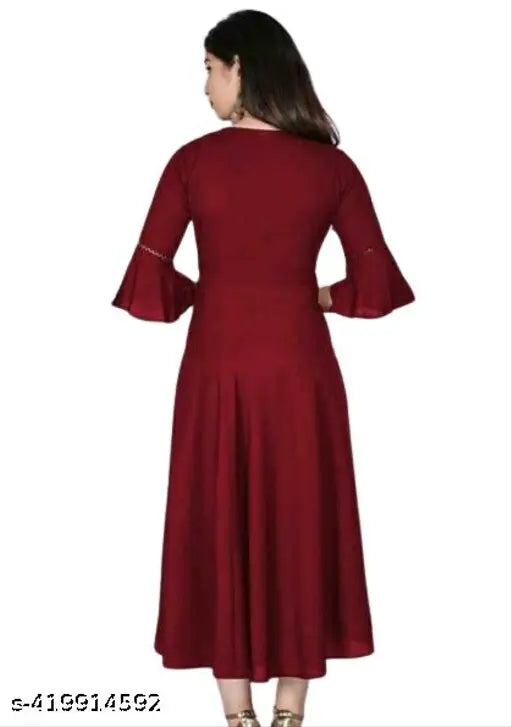 Red rayon knee-length dress with long sleeves and lining