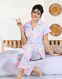 Pink Moshami printed satin women's top & pyjama night suit, front open night dress (India)