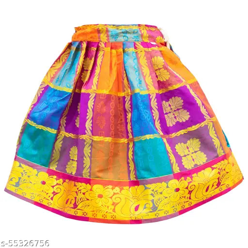 Cotton silk lehenga choli in Madhura Pattu Pavadai style, applique stitched and printed. Traditional Indian children's wear for 6-7 years old, size 22 waist, 28 length