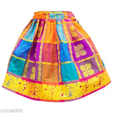 Cotton silk lehenga choli in Madhura Pattu Pavadai style, applique stitched and printed. Traditional Indian children's wear for 6-7 years old, size 22 waist, 28 length