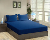 Blue cotton satin stripe flat sheet set for double bed with two pillow covers, double size 90 x 90 inch by N G Products