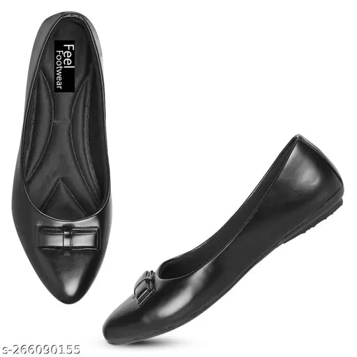 Stylish black synthetic leather bellies for women - solid closed back and slip-on design