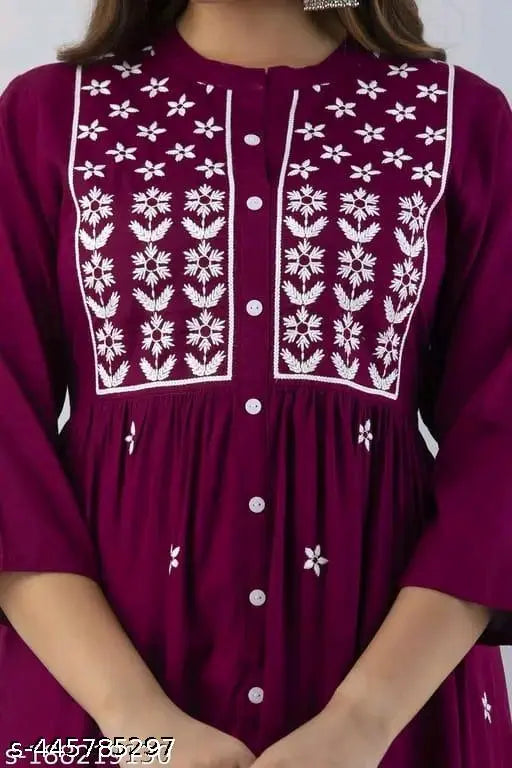 Maroon rayon Anarkali kurti with embroidered three-quarter sleeves, calf length, M, L, XL, XXL