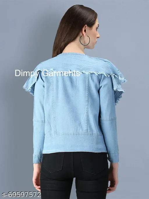 Blue denim regular jacket by Dimpy Garments, solid pattern, long sleeves, women's poncho style, India origin
