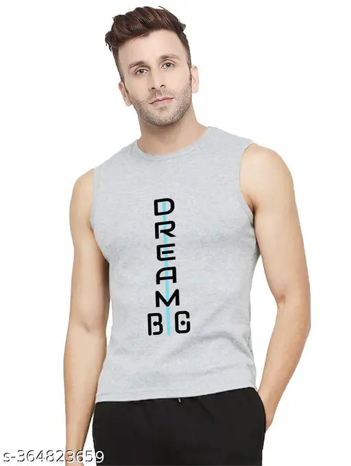 Grey cotton round neck printed sleeveless t-shirt for men, ideal for summer wear and active lifestyles. Made from premium quality Indian cotton