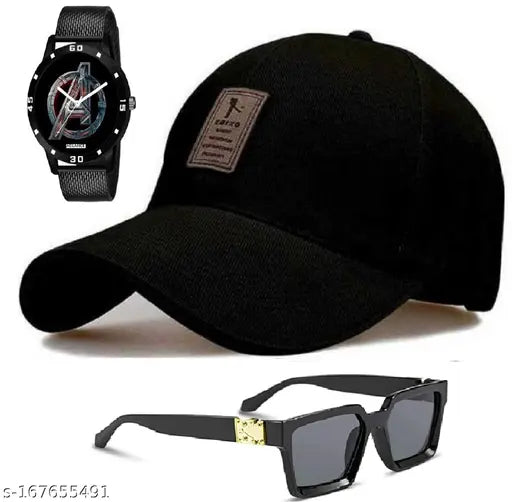Black cotton baseball cap combo with royal-looking adjustable design, best analog watch, and polarized sunglasses – Diwili gift offer pack for men and boys (3 pc set)