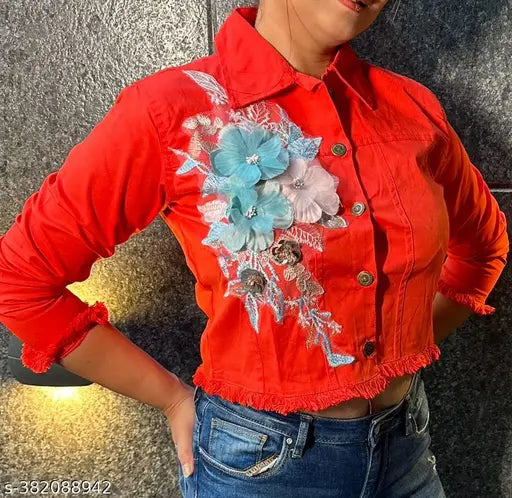 Orange cotton-blend three-quarter sleeve DC Patch Jacket, regular fit for women's casual wear. Hand wash only, lasts more than 100 washes, future of clothing innovation