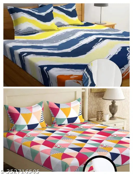 Handloom cotton double bedsheet set with 4 pillow covers, geometric pattern, elasticated for perfect fit. Ideal for 6x6 ft mattresses, size 78x72 inches/198x182 cms/6.5x6 feet. Made in India
