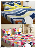 Handloom cotton double bedsheet set with 4 pillow covers, geometric pattern, elasticated for perfect fit. Ideal for 6x6 ft mattresses, size 78x72 inches/198x182 cms/6.5x6 feet. Made in India