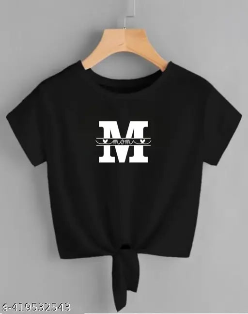 Black Lycra crop top t-shirt for women and girls, printed with colorful design