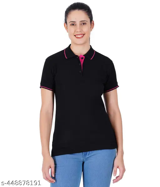 Women's cotton solid polo half-sleeve shirt, size S-XL on clothing rack