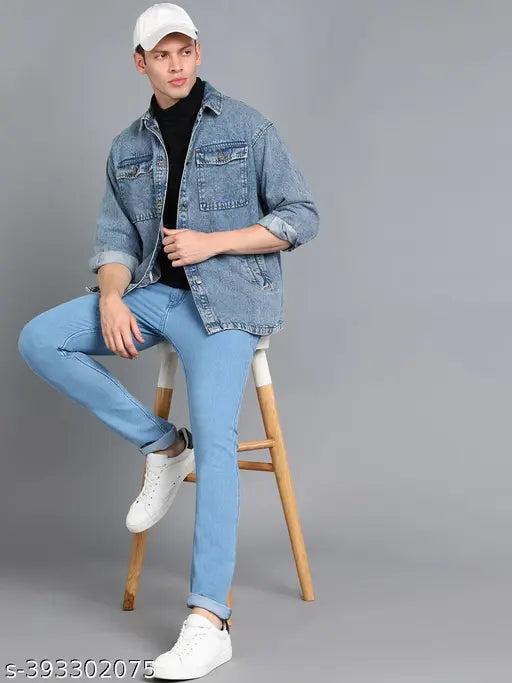 Light Blue Denim Jeans by REGY - High-quality, comfortable, and versatile slim jeans for men's casual, party, or office wear. Slim fit, solid pattern, and durable fabric make it a great addition to any wardrobe. Made in India